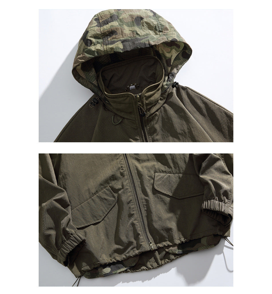 Two close-ups of an olive jacket showing its camouflage hood, high collar, front zipper, flap pockets and elastic cuffs.