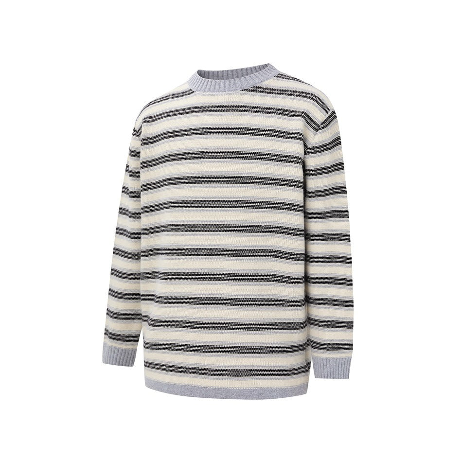 Front view of a long-sleeved cream sweater with horizontal black and gray stripes and gray ribbed trim.
