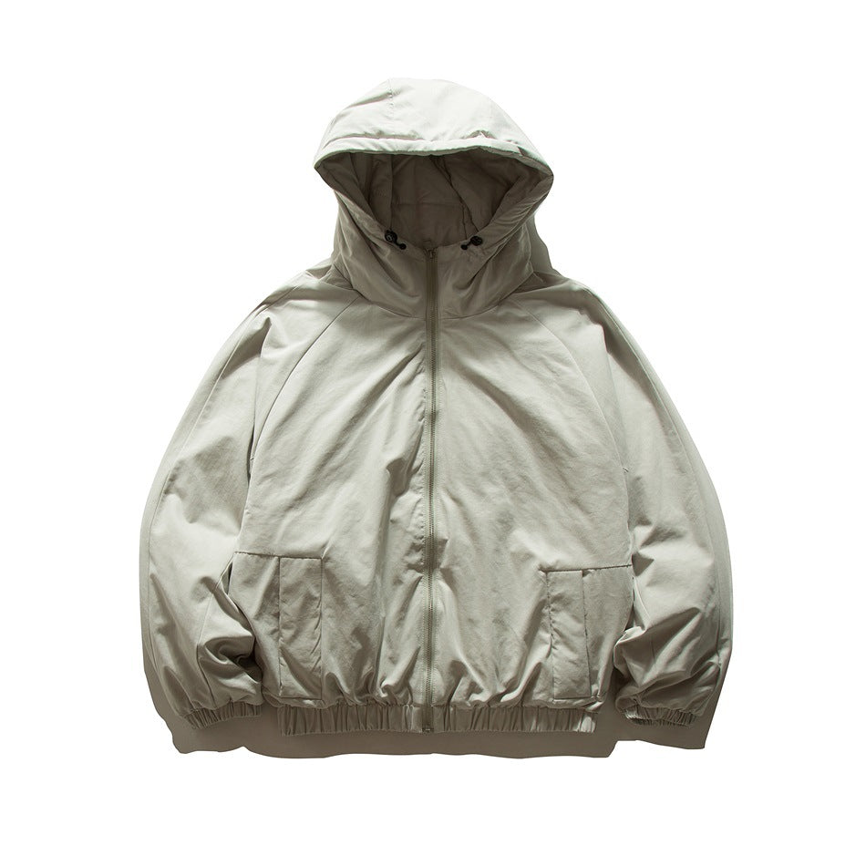 Light gray hooded zip-up jacket flat lay, front view, with lower front pockets and elastic cuffs and hem