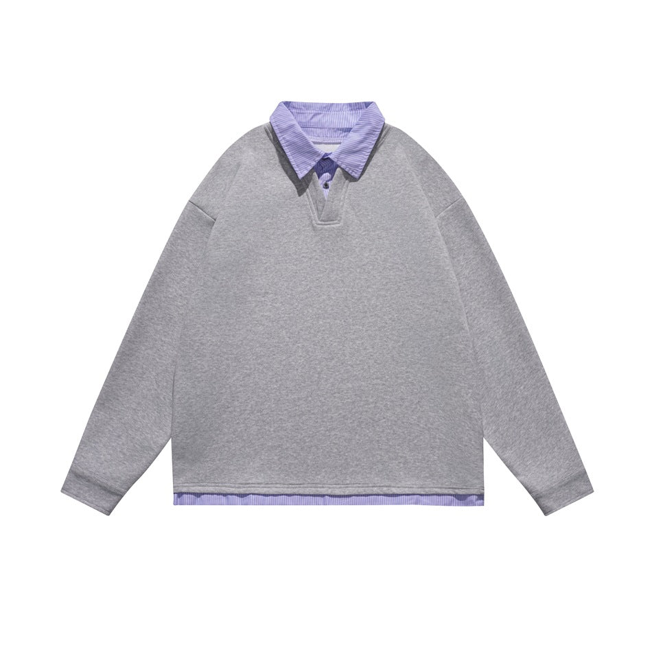 Heather gray pullover sweatshirt with lilac striped shirt collar, button placket and striped layered hem, flat lay
