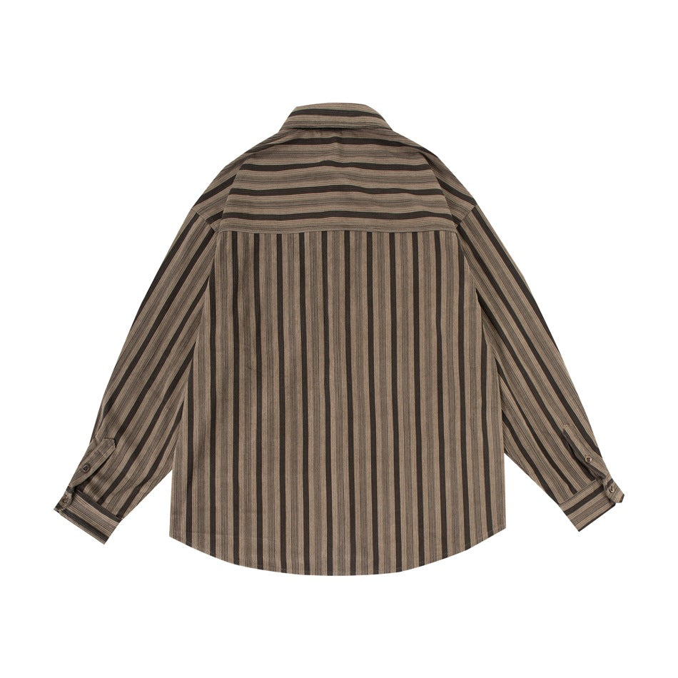 Back view of a brown and black striped long-sleeve button-up shirt with horizontal stripes across the yoke.