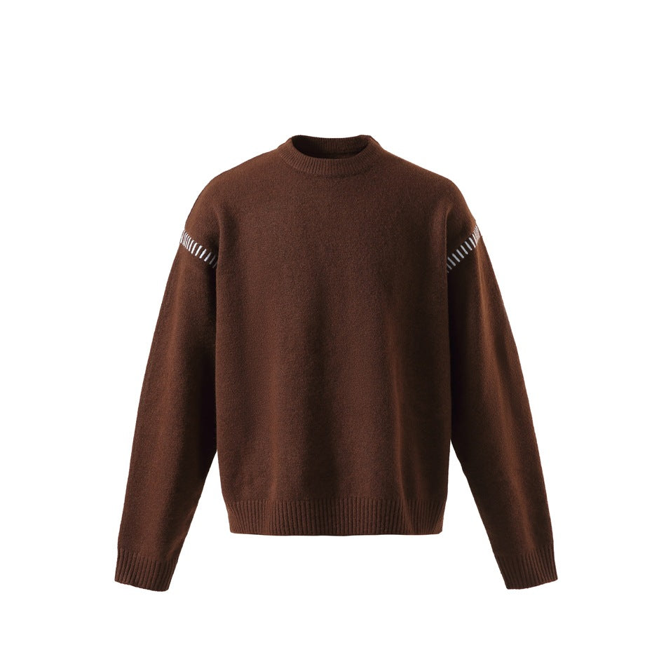 Brown crew-neck knit sweater, front view, with white contrast stitching along the shoulder seams