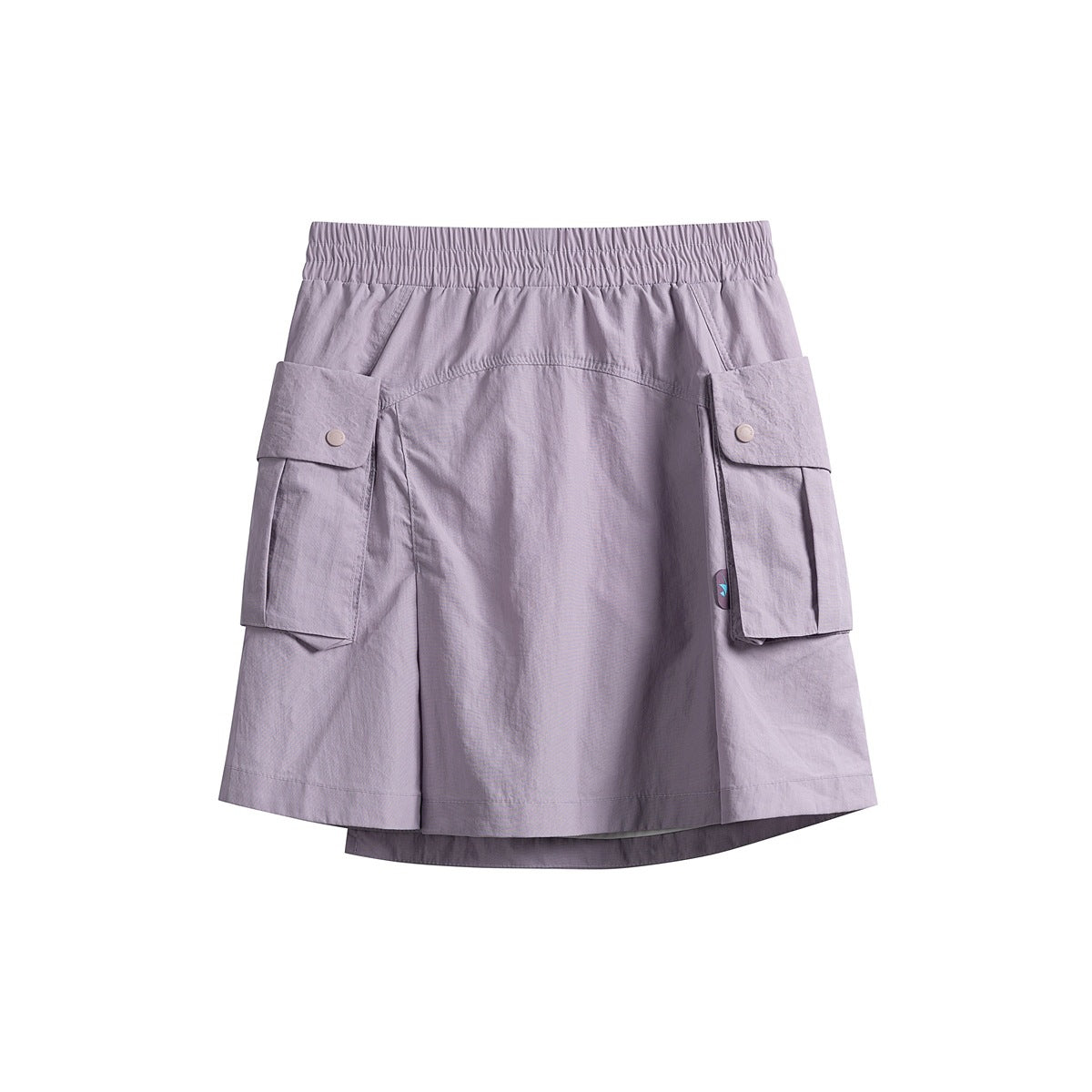 Front view of a lavender-gray short skirt with an elastic waist, large snap-flap cargo pockets, and a layered hem.