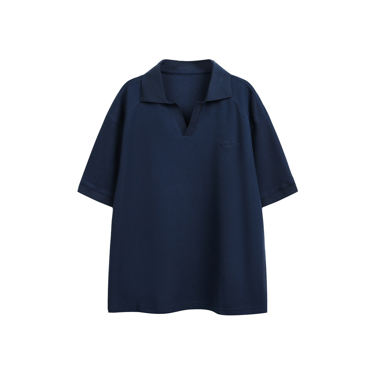 Front view of a navy short-sleeve polo shirt with an open collar and a small embroidered chest emblem.