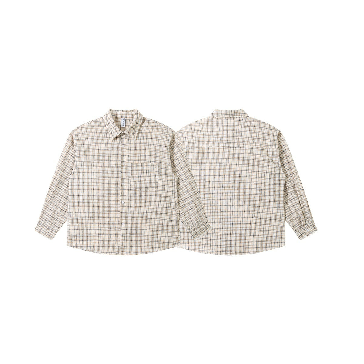 Flat-lay front and back views of a long-sleeve cream shirt with tan and dark gray plaid, button front, and chest pocket.