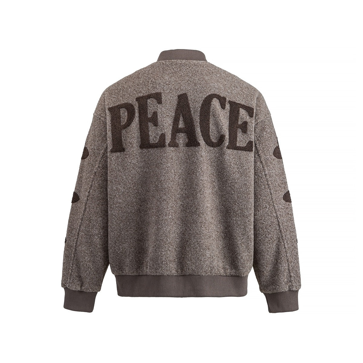 Light brown textured bomber jacket back view with large PEACE lettering and ribbed collar, cuffs and hem