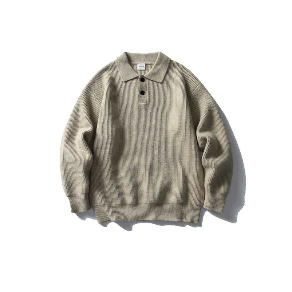 Khaki ribbed knit polo-collar sweater with two buttons, flat lay front view