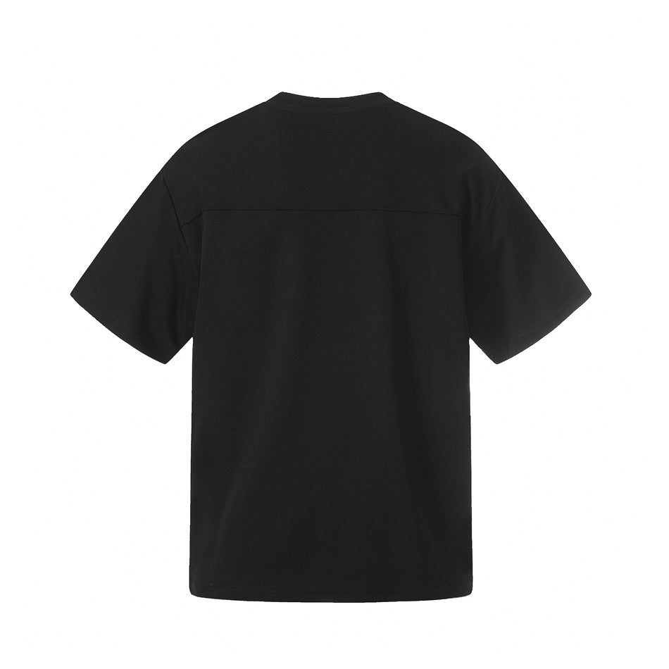 Back view of a black short-sleeve crew-neck T-shirt with a horizontal yoke seam across the upper back