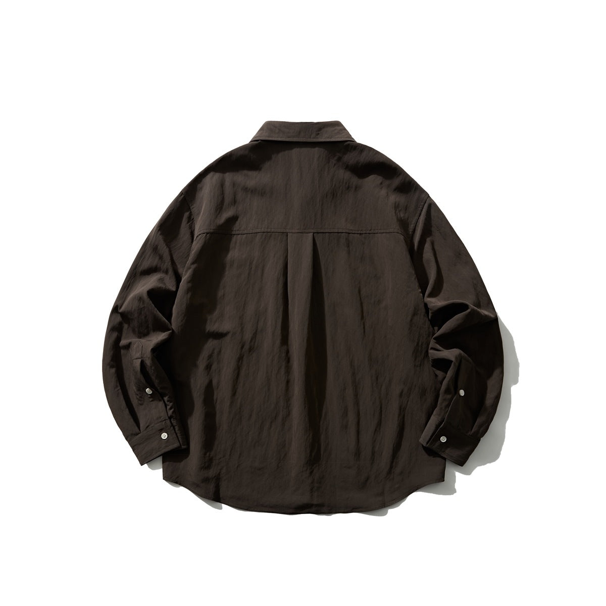 Back view of a dark brown long-sleeve button-up shirt with a center pleat and buttoned cuffs.