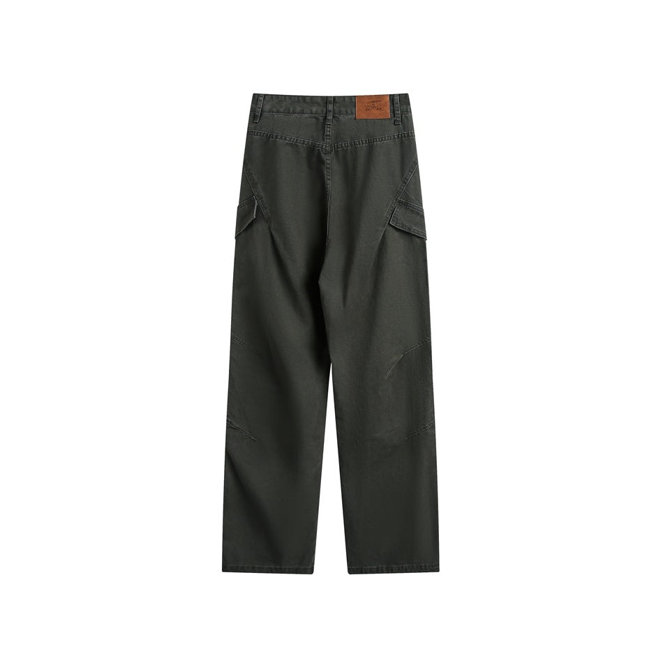 Back view of dark charcoal wide-leg cargo pants with rear pockets and side flap pockets.