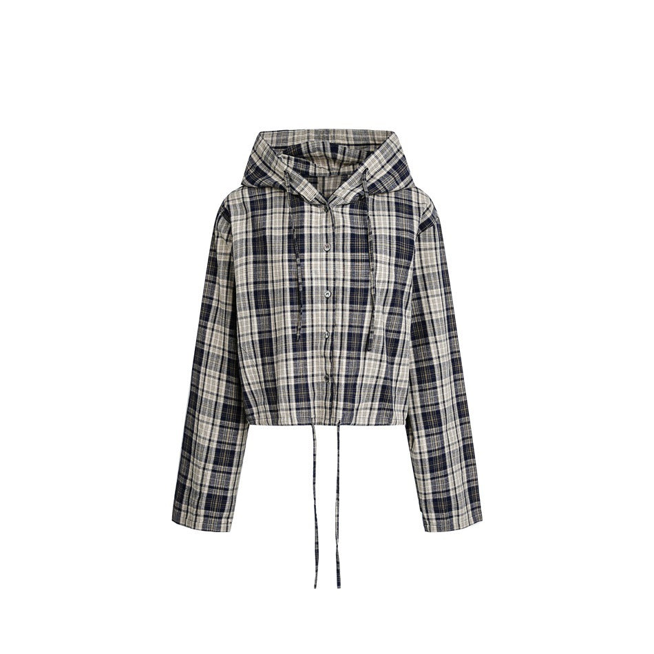 Cropped navy and cream plaid hooded button-up jacket with drawstrings, flat front view on white background