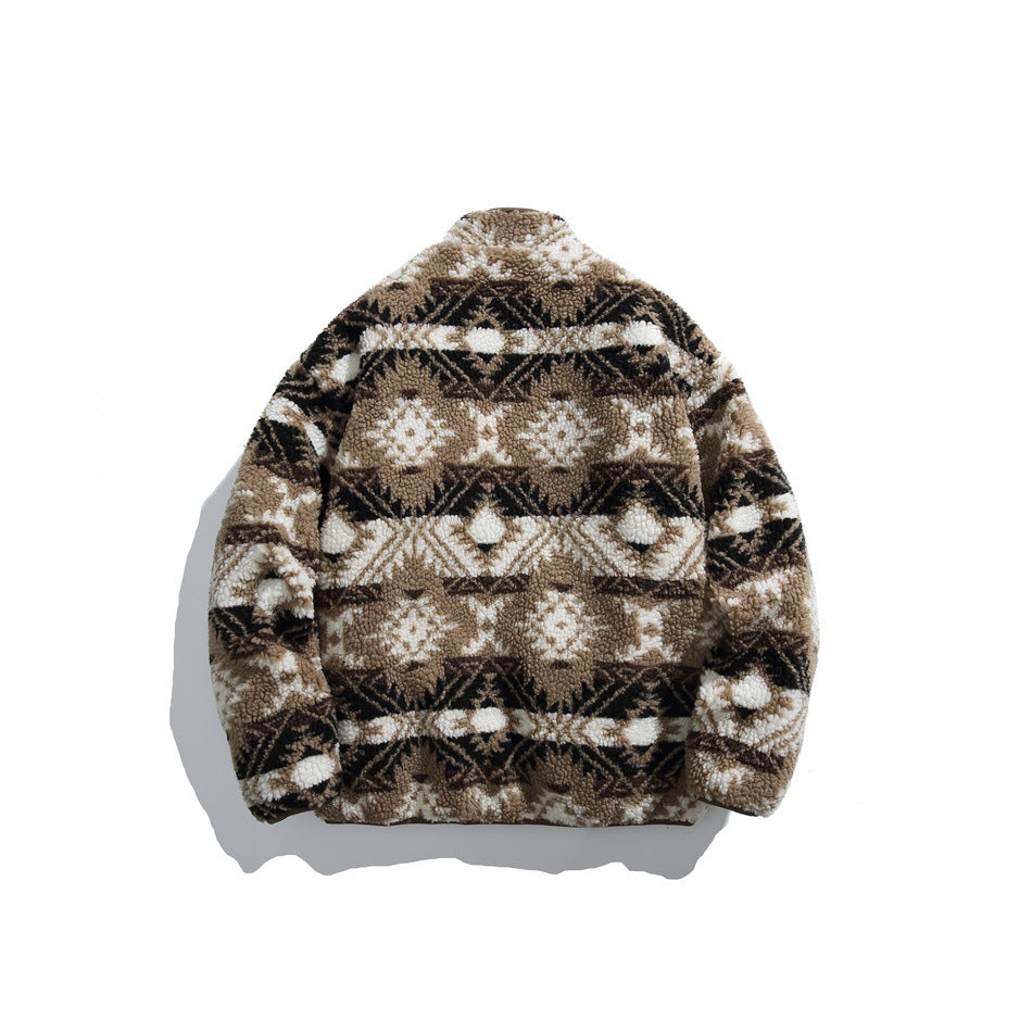 Back view of a fleece jacket in tan, brown, cream, and black geometric bands, shown flat against white.