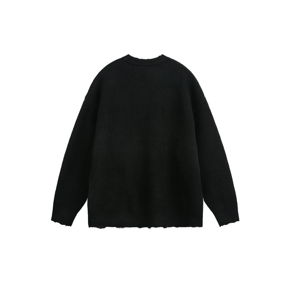 Back view of a plain black crew-neck sweater with long sleeves and a relaxed shape.