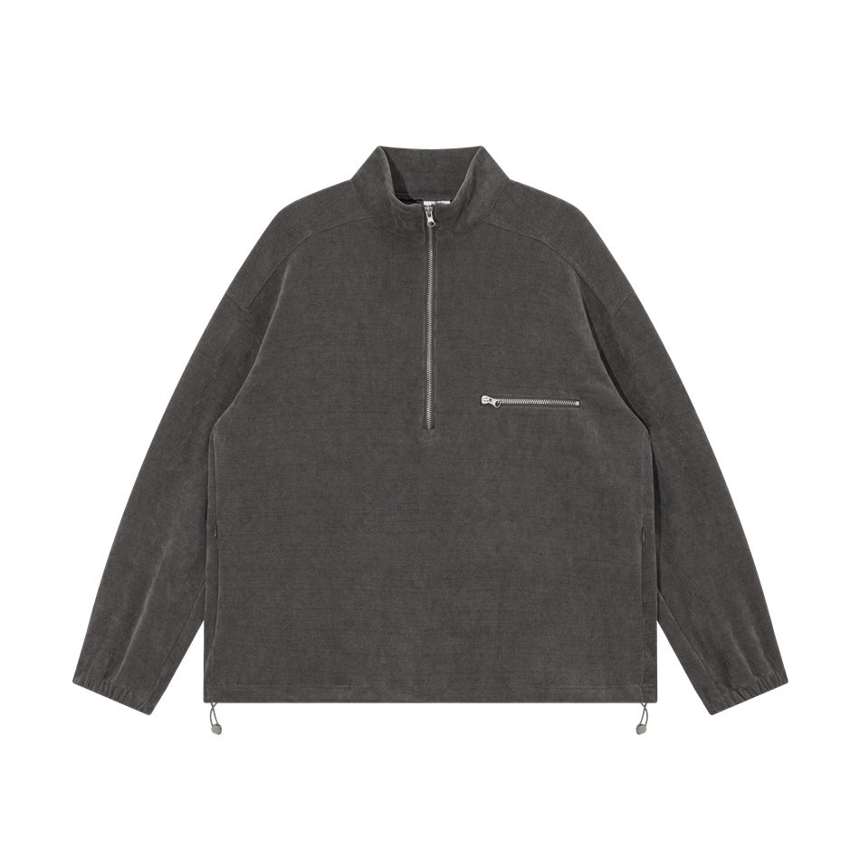 Dark gray half-zip stand-collar pullover flat lay with chest zip pocket, elastic cuffs and hem toggles