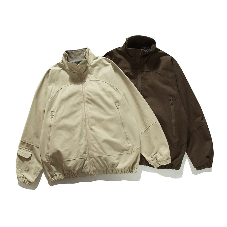 Two front-view zip jackets on a white background: one light khaki and one dark brown.