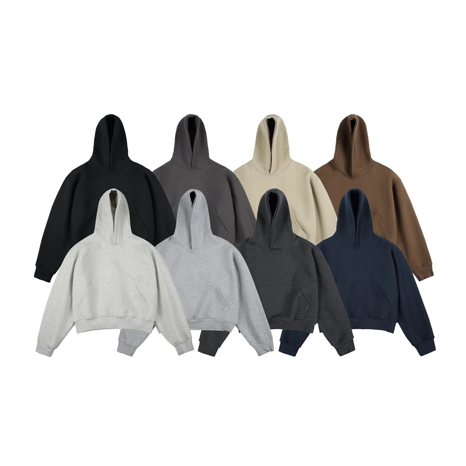 Seven hoodies shown from the front in black, charcoal, cream, brown, light gray, dark gray, and navy.