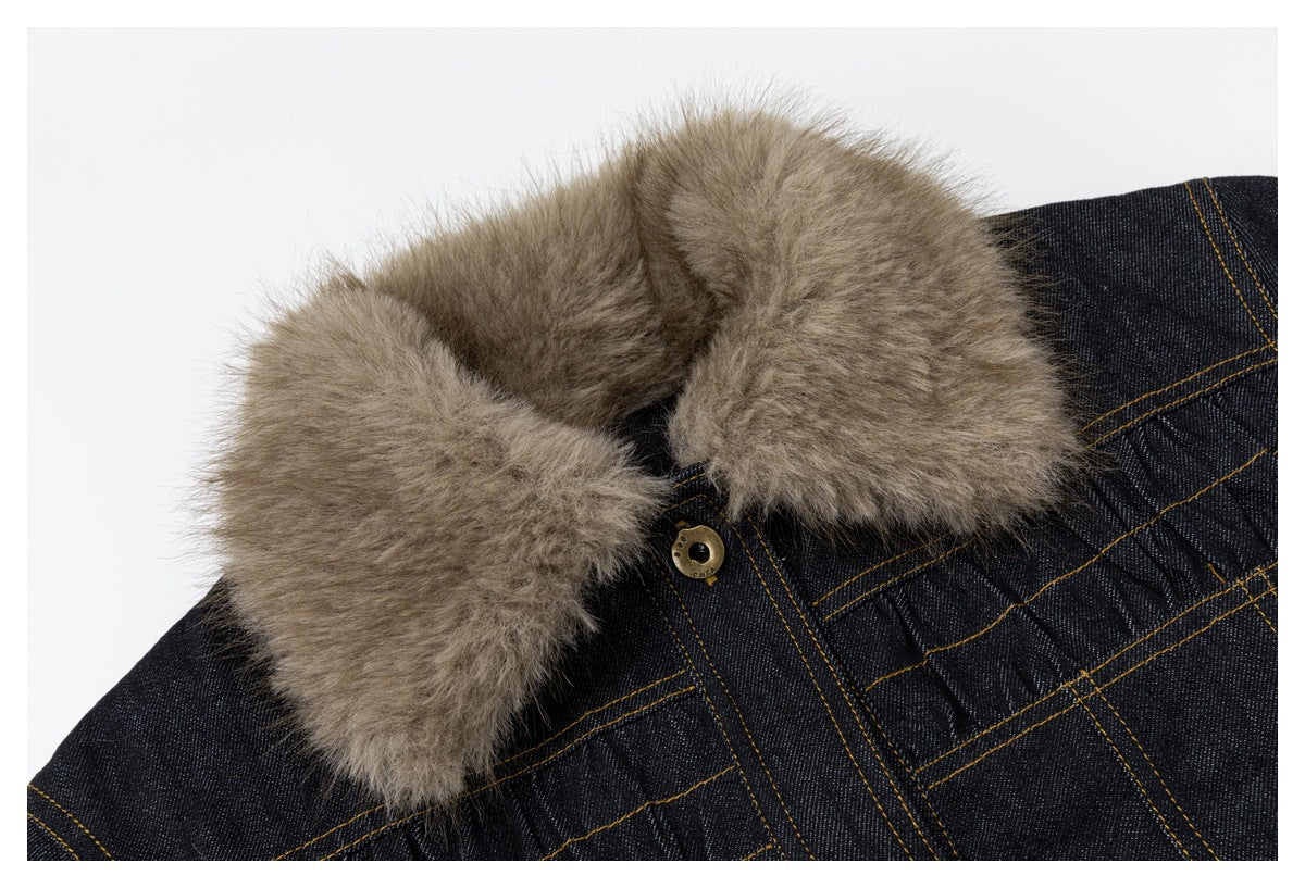 Close-up of the jacket's tan faux-fur collar and gold-tone button against dark denim with contrast stitching.