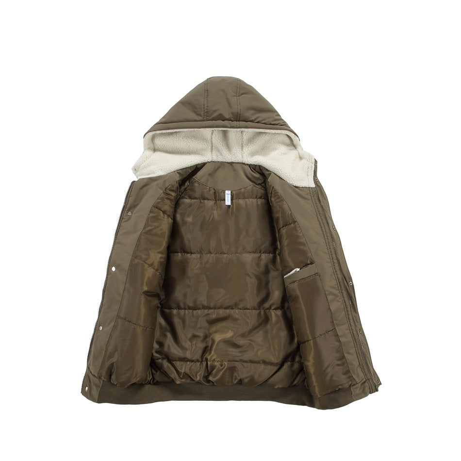 Taupe hooded jacket opened to show its quilted lining, cream hood lining, and front closure.