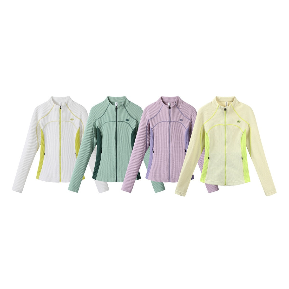 Four zip-front jackets shown together in white, sage green, lavender and pale yellow colorways.