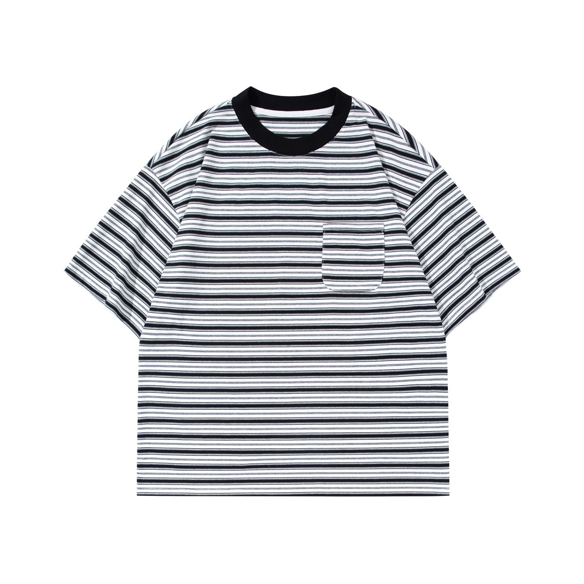 Black, white and gray striped short-sleeve T-shirt with black ribbed crew collar and chest pocket, flat front view