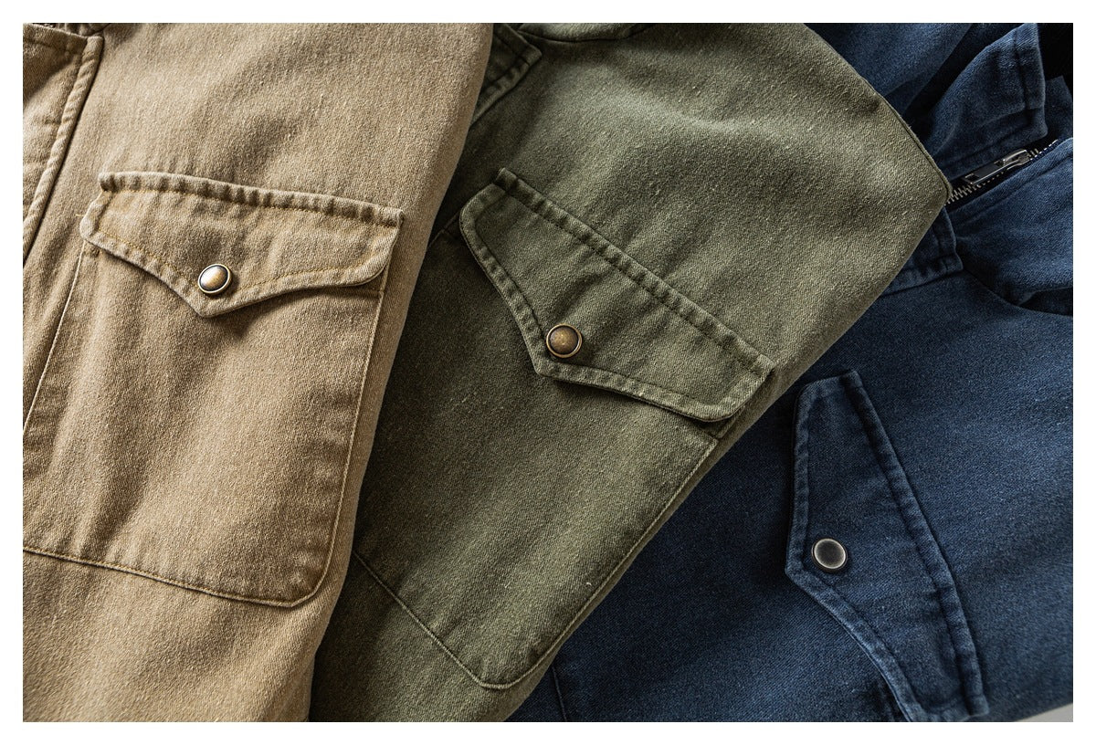Close-up of jacket pockets and snap flaps in tan, olive, and dark blue colorways.
