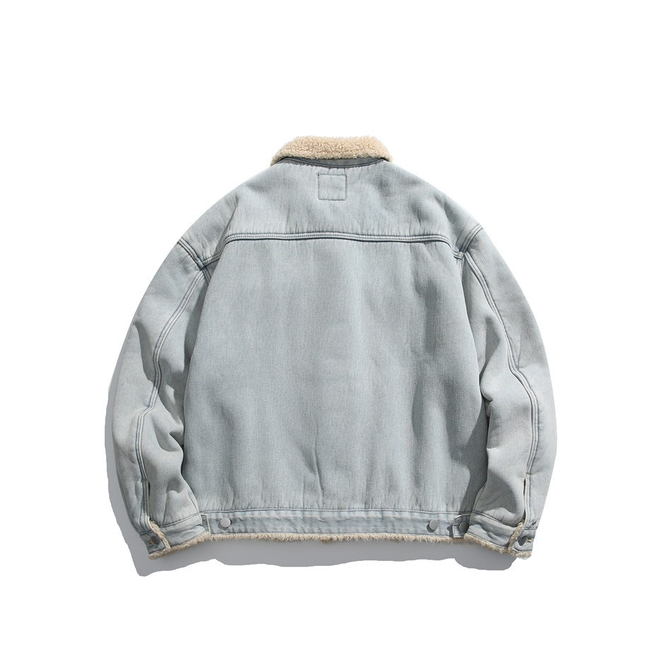 Back view of a light blue denim jacket with a cream sherpa collar and hem trim.