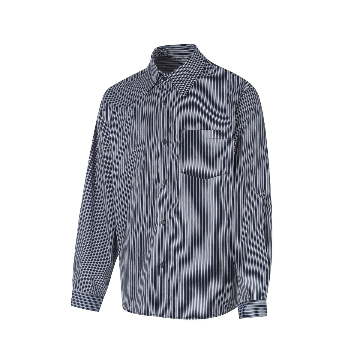 Front view of a dark, thinly striped long-sleeve button-up shirt with a pointed collar and chest pocket.