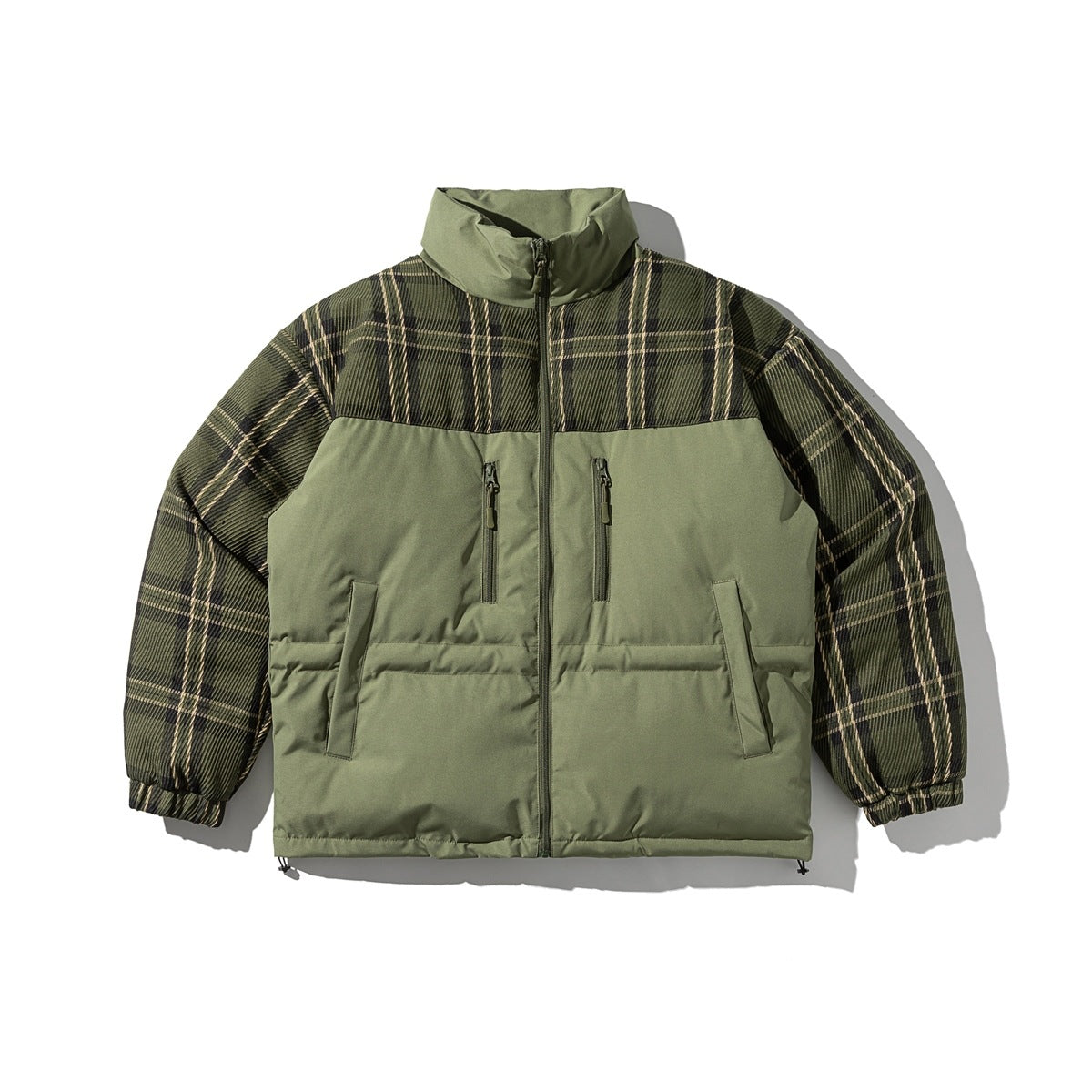 Olive green quilted jacket with plaid yoke and sleeves, stand collar, zip front and zip chest pockets, flat lay