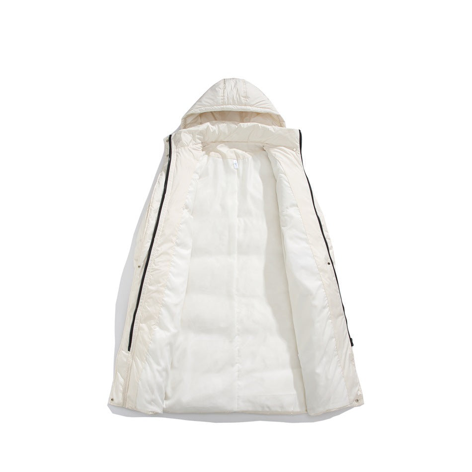 Ivory hooded puffer coat spread open to show its smooth inner lining and black zipper edges.