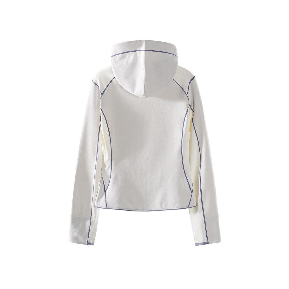 Back view of an off-white hooded top with dark purple piping and pale side panels, shown flat against white.