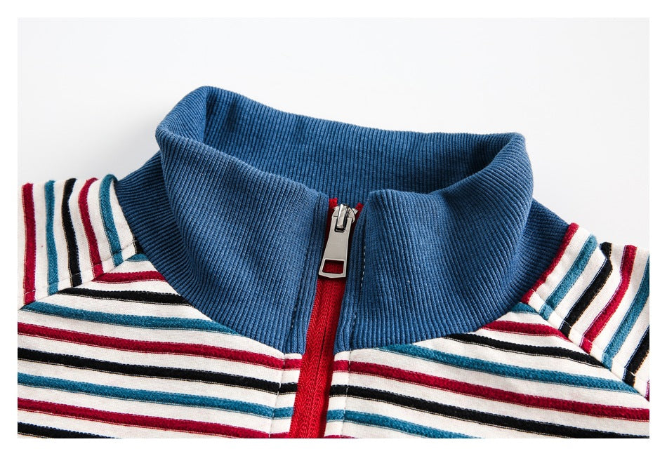 Close-up of the jacket’s ribbed blue collar and red front zipper against its multicolor striped fabric.