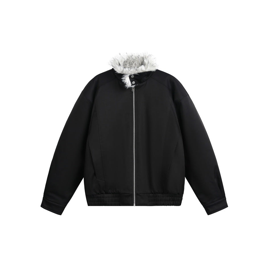 Black zip-front jacket with fluffy gray and white collar, elastic hem and snap cuffs on a white background