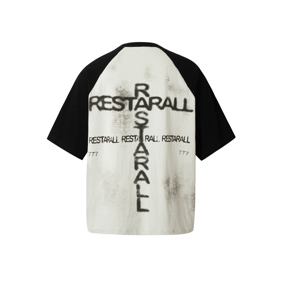 Back view of an off-white raglan T-shirt with black sleeves and distressed black lettering.