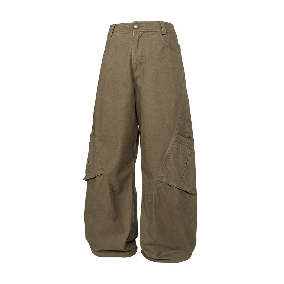 Khaki wide-leg cargo pants with large flap pockets on a plain white background