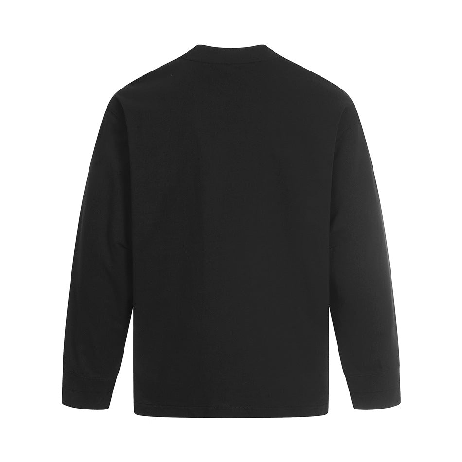 Back view of a plain black long-sleeve crewneck shirt on a white background.
