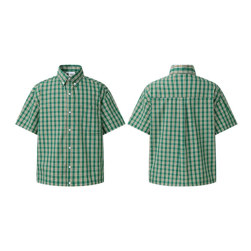 Front and back views of a short-sleeve button-up shirt in green, brown, and white plaid.