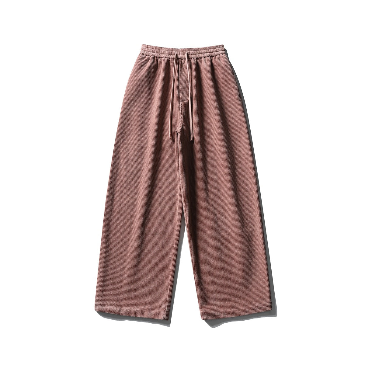 Dusty pink wide-leg corduroy pants with drawstring waist, front flat view