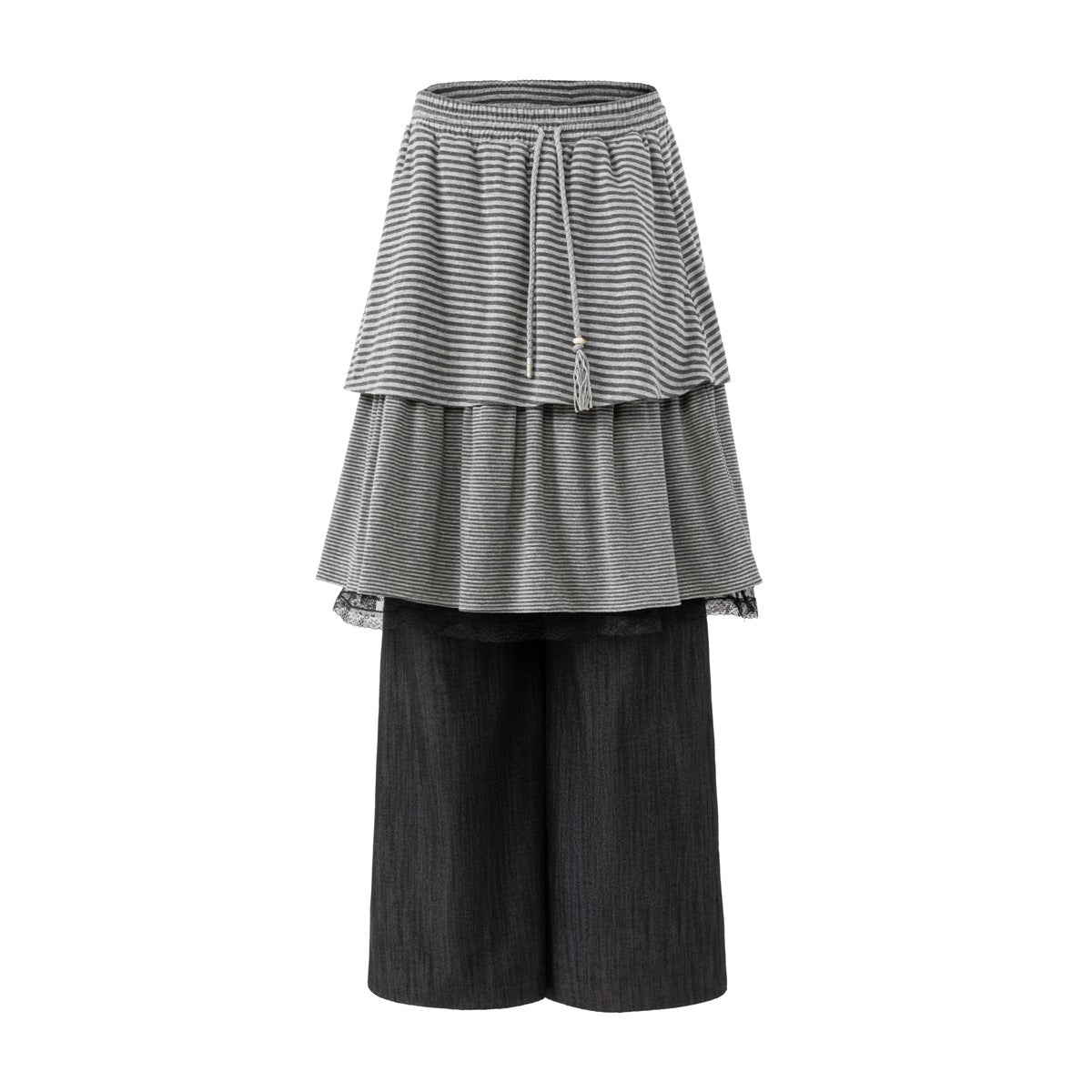 Flat front view of wide-leg dark pants with a two-tier gray striped skirt layer, drawstring waist and lace hem trim