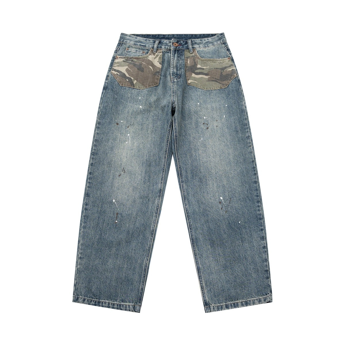 Flat-lay front of faded blue wide-leg jeans with camouflage pocket panels and paint-splatter marks