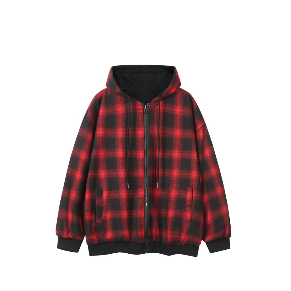 Reverse red and black plaid zip-up hooded sweatshirt flat lay with black ribbed cuffs and hem, drawstrings and slanted