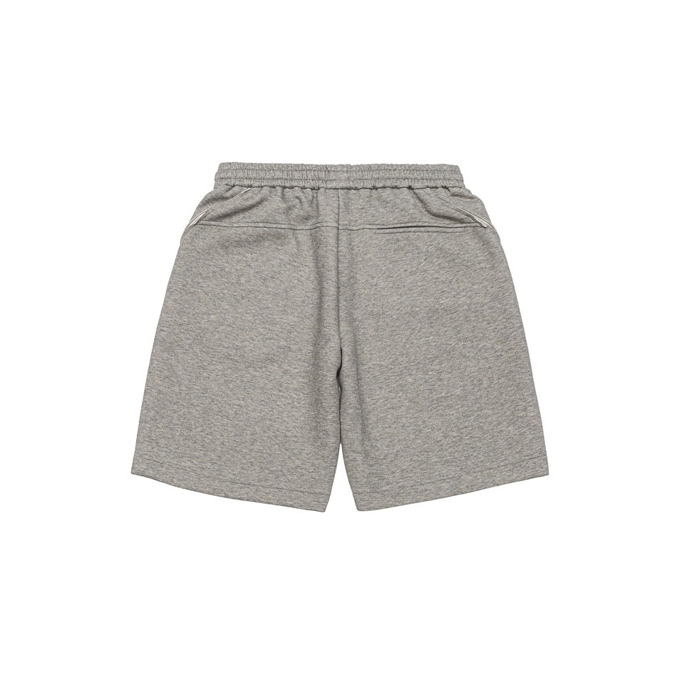 Back view of light gray heathered shorts with elastic waistband and a single welt back pocket