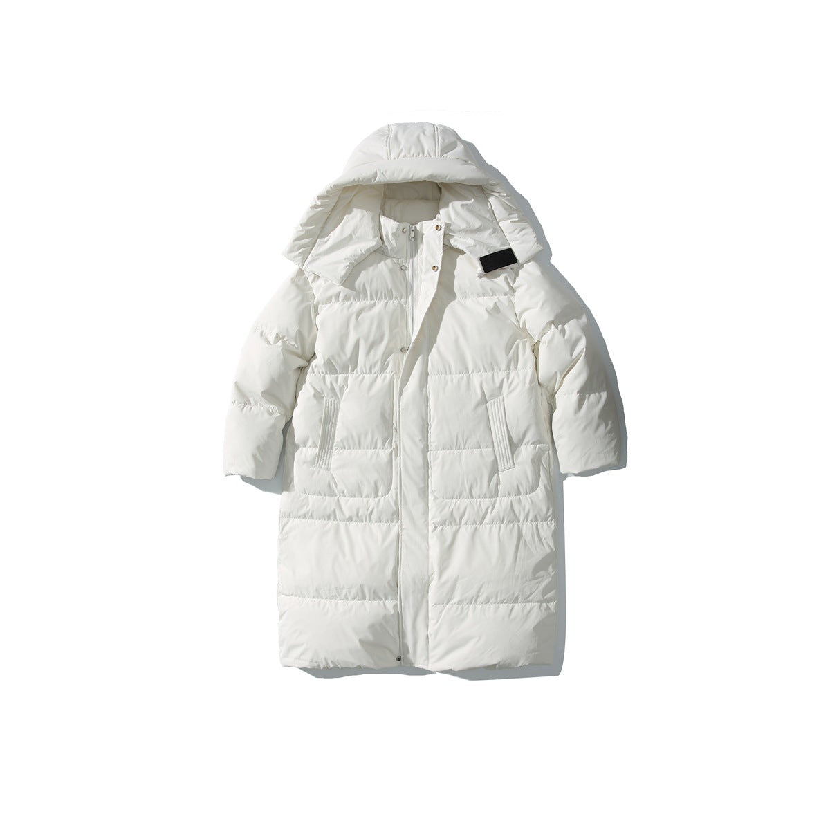 White long quilted puffer coat with a large hood, front zipper and snap placket, and two angled pockets.