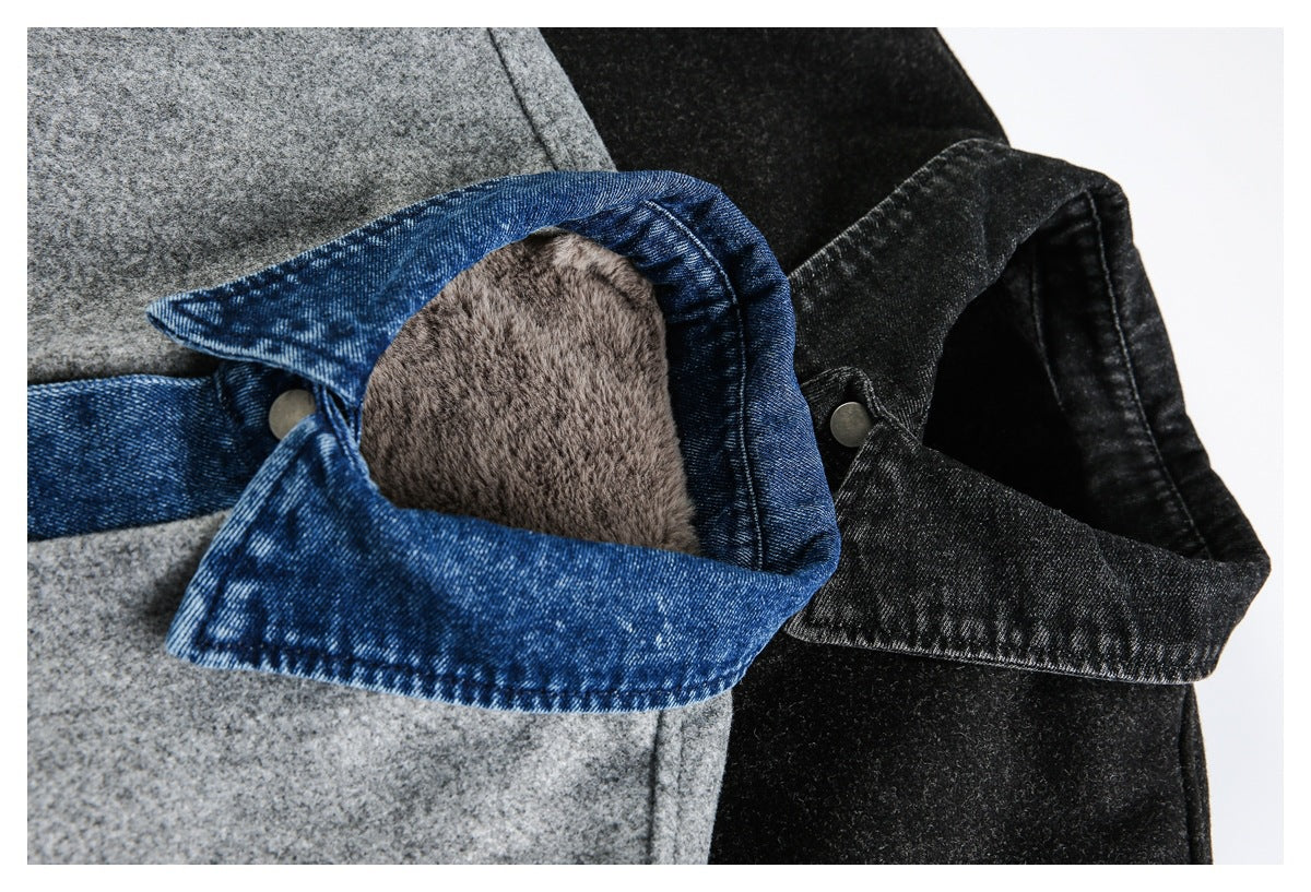 Close-up of plush-lined collars on gray and black jackets, with blue and black denim trim.