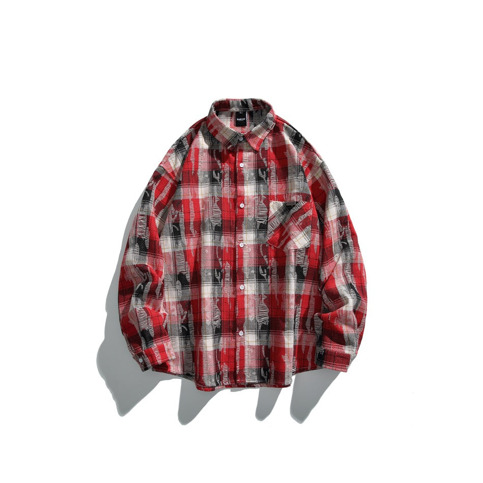 Red plaid long-sleeve button-front shirt with chest pocket and distressed texture, flat lay front view