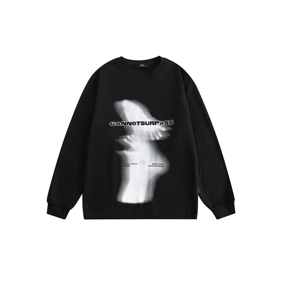 Black long-sleeve crew-neck top with white blurred figure graphic and CANNOTSURPASS lettering, front flat view