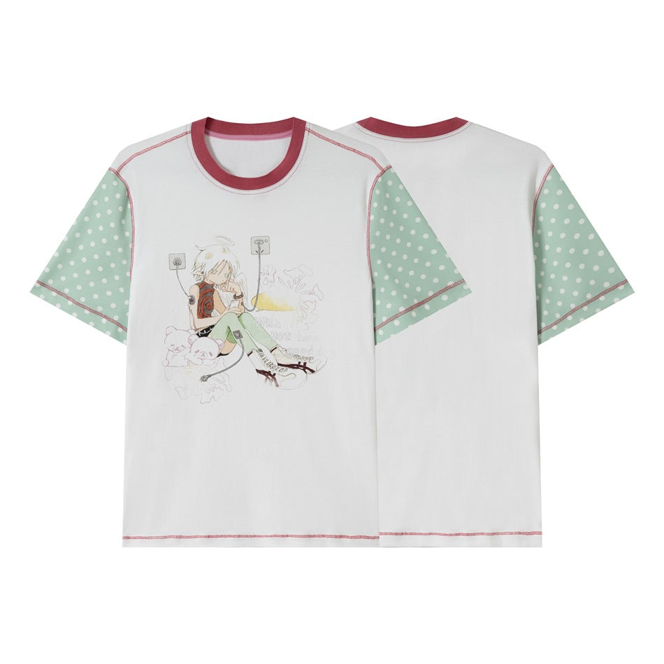 White short-sleeve T-shirt shown from front and back, with mint polka-dot sleeves, burgundy trim, and an illustrated front