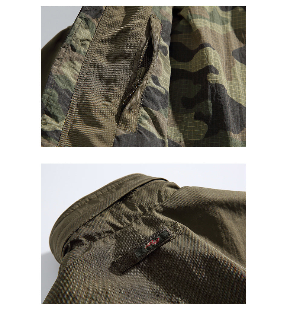 Close-ups show a zipper pocket on camouflage fabric and a small sewn label on an olive jacket panel.