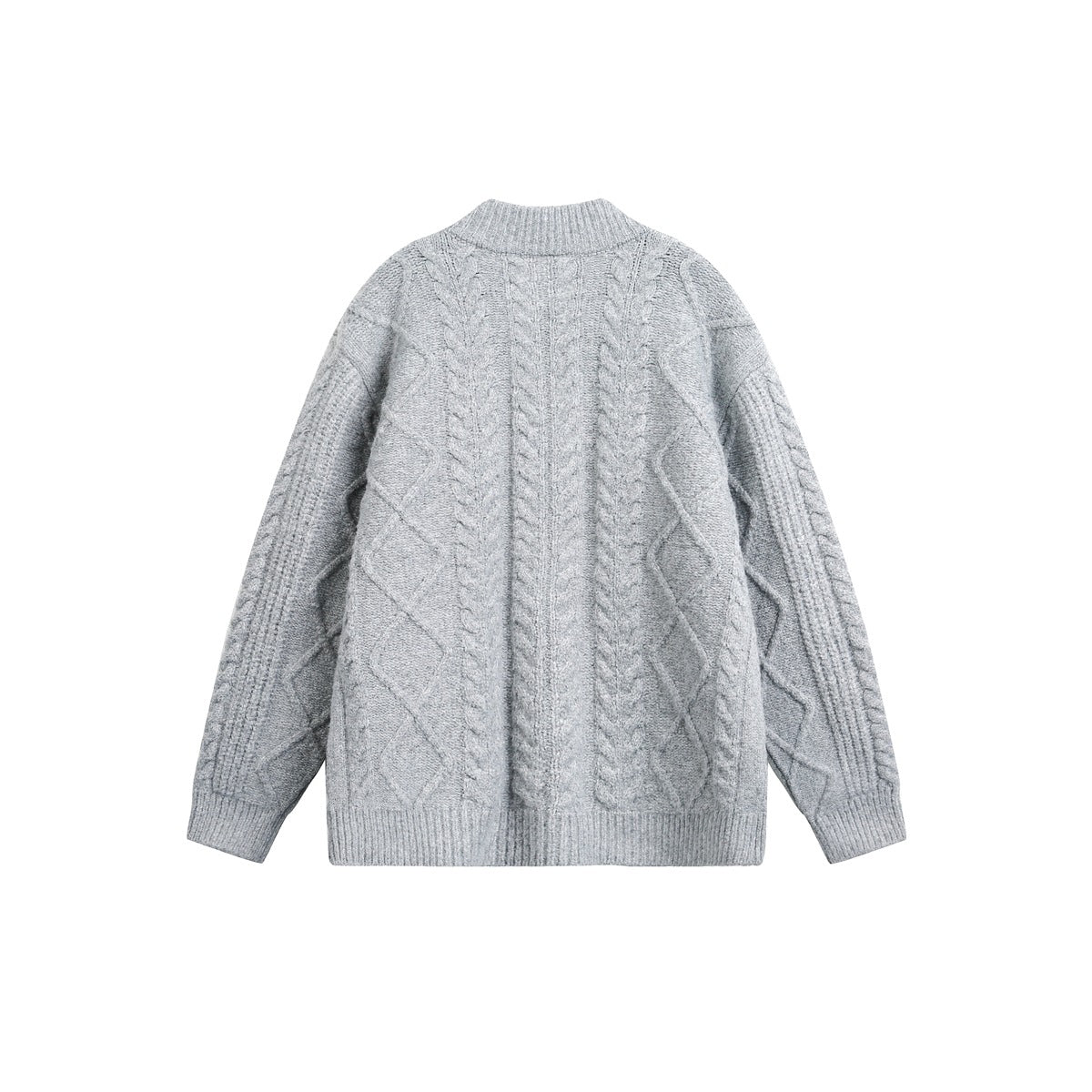 Light gray cable-knit sweater shown from the back, with a high ribbed collar, long sleeves, and ribbed hem and cuffs.