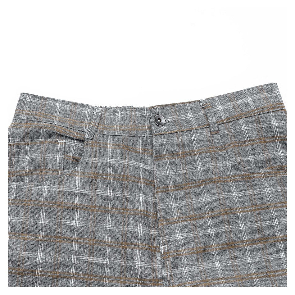 Cropped front view of gray plaid trousers with a button closure, belt loops, and front pockets.