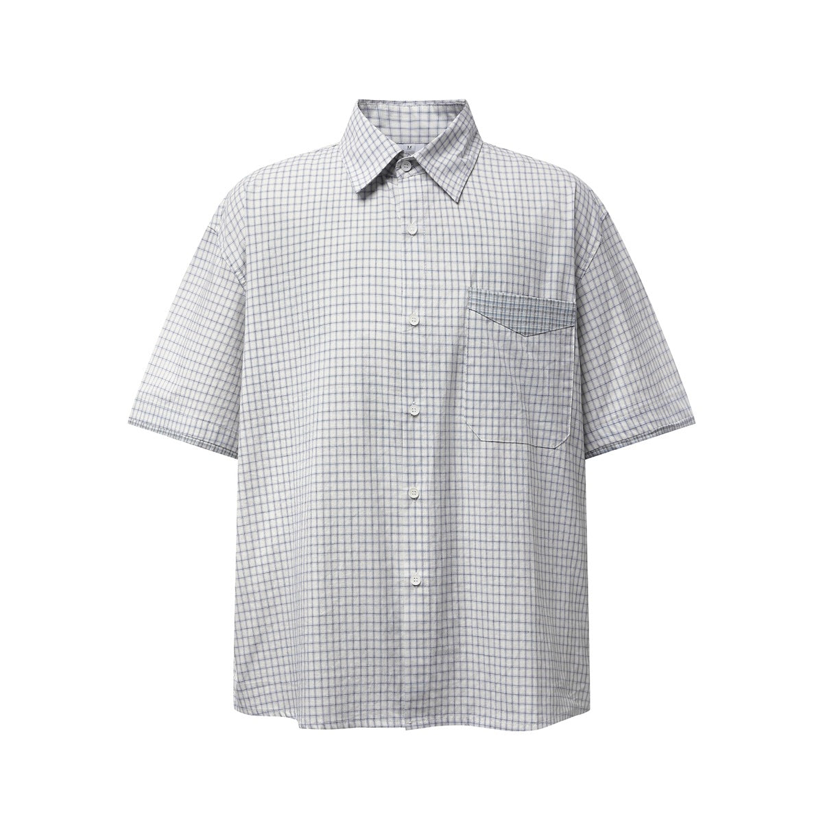White and blue grid check short-sleeve button-up shirt with chest pocket, flat front view
